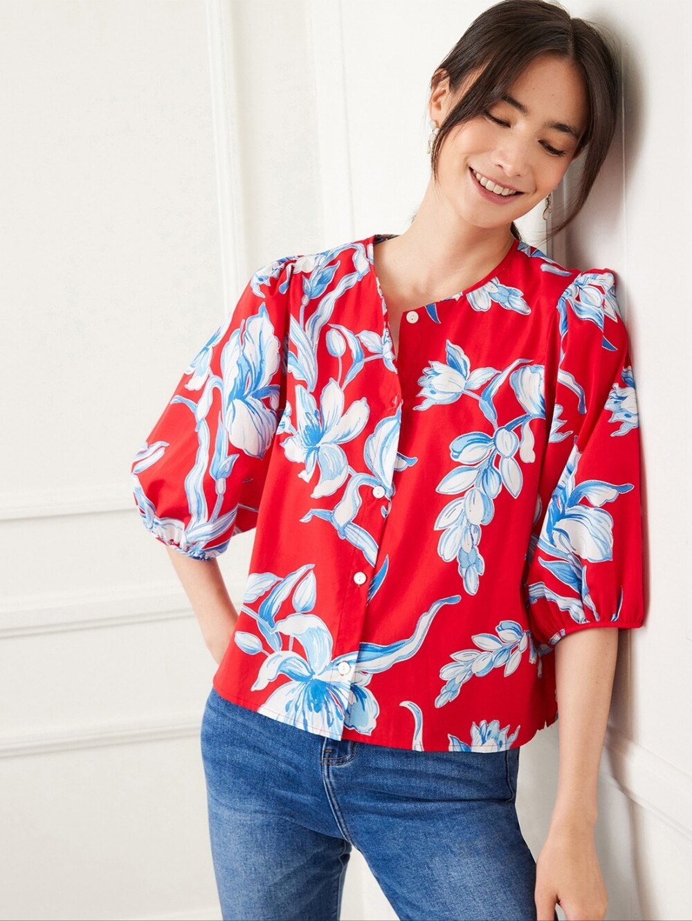 NWT Karen Kane Puffed Sleeve Floral, Cotton, Button-Down Cotton Large Top